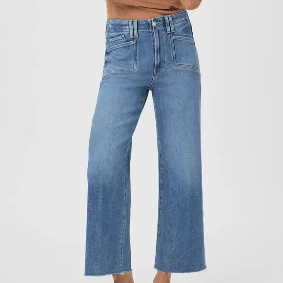 Paige Anessa NWT Wide-Leg Jeans Raw Hem in Sunnie Distressed with set in pockets - Picture 2 of 5